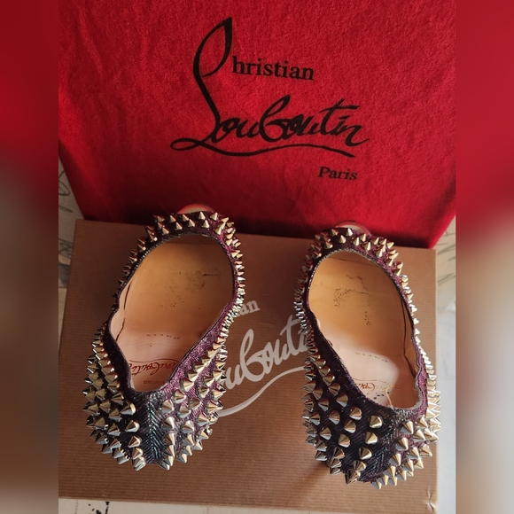 CHRISTIAN LOUBOUTIN Metallic Lame Lady Peep Spike Platform Pumps Size 37 - Picture 12 of 16